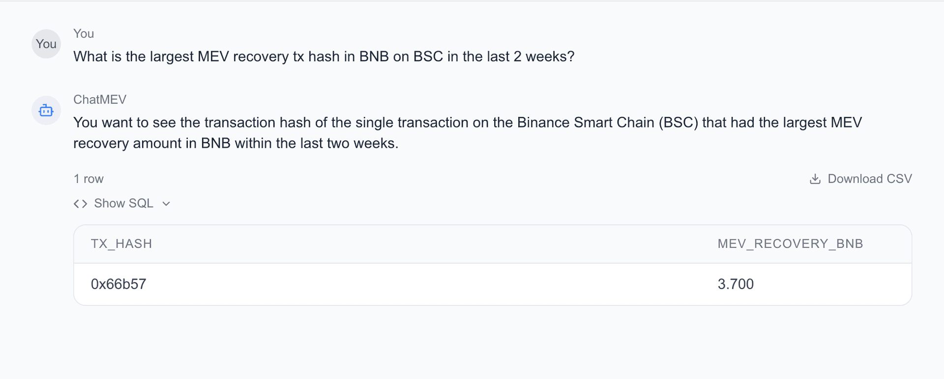 ChatMEV query result with table and SQL viewer