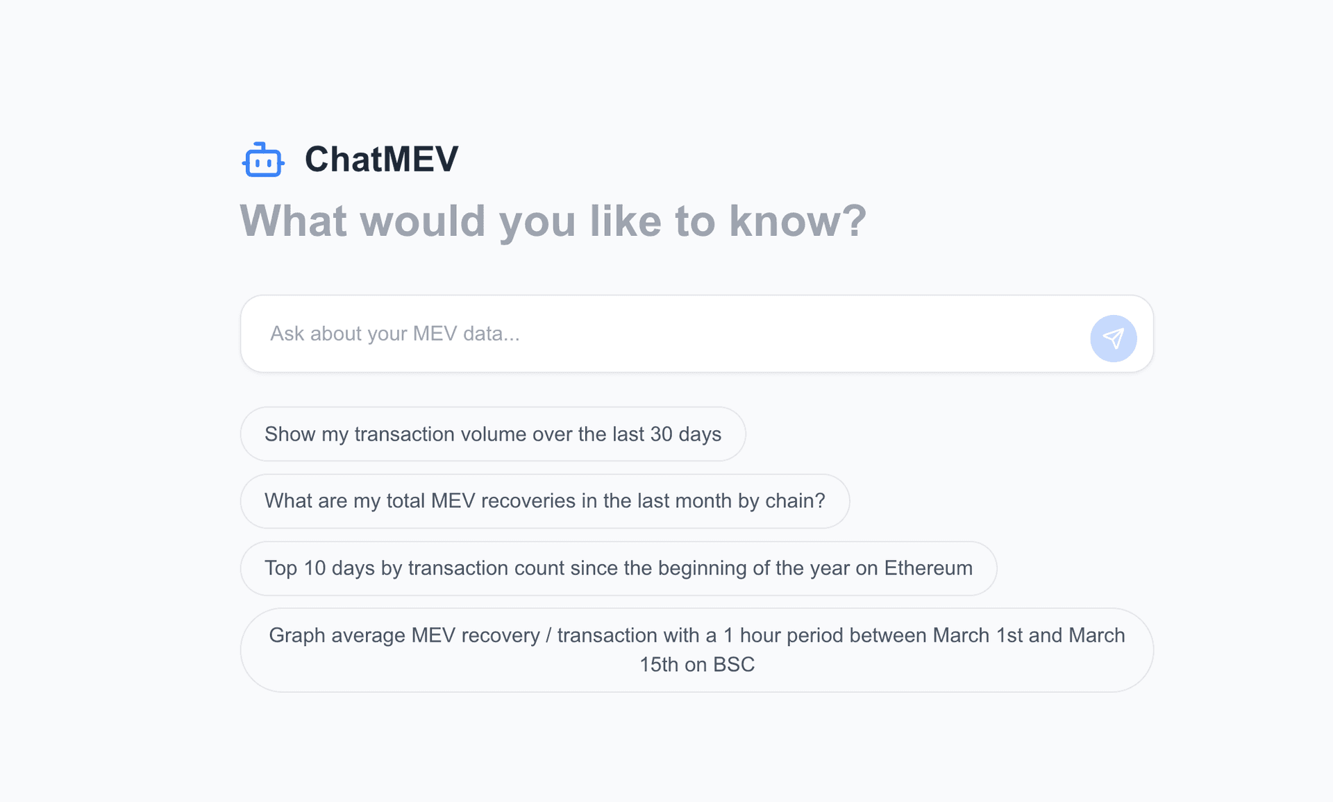 ChatMEV conversational interface with example prompts